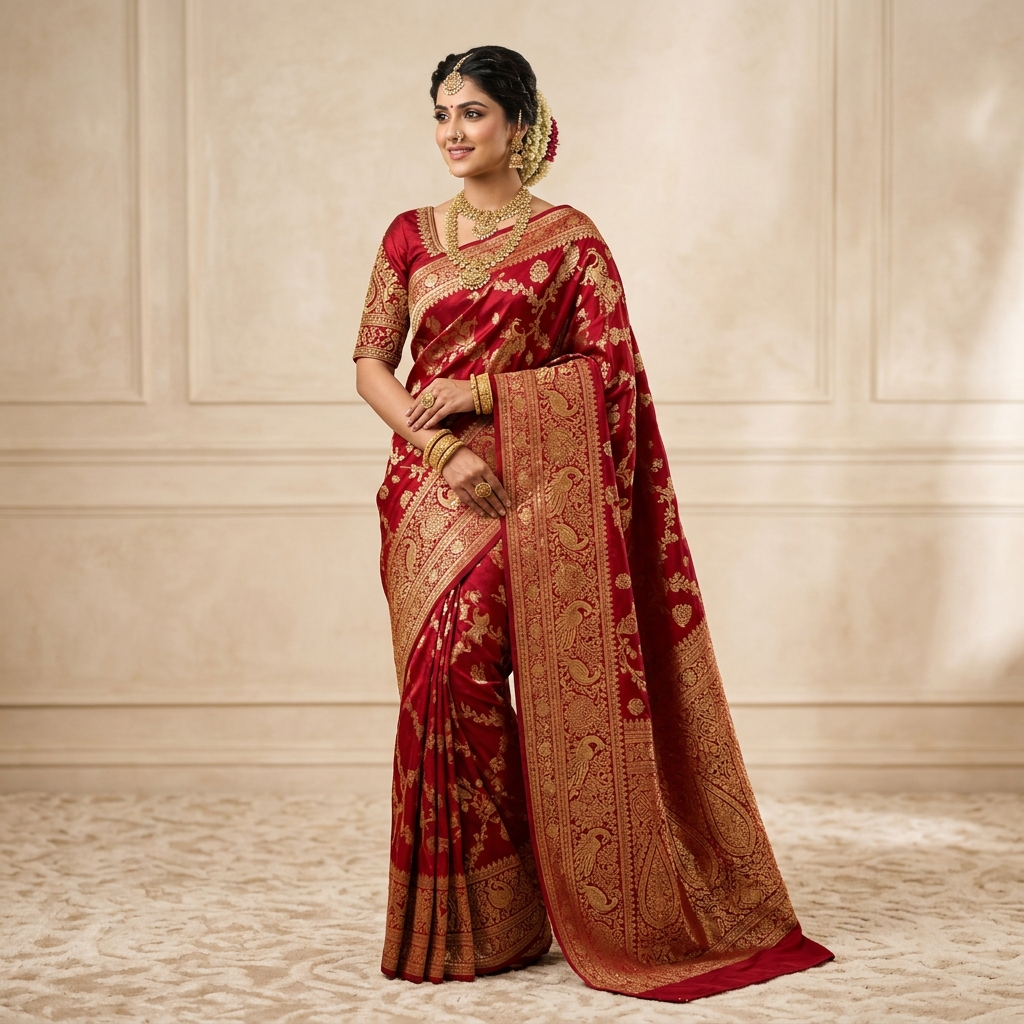 Majestic Red Bridal Zari Saree